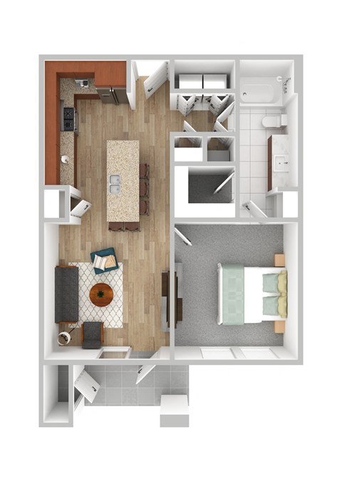 a stylized floor plan with a bedroom and living room